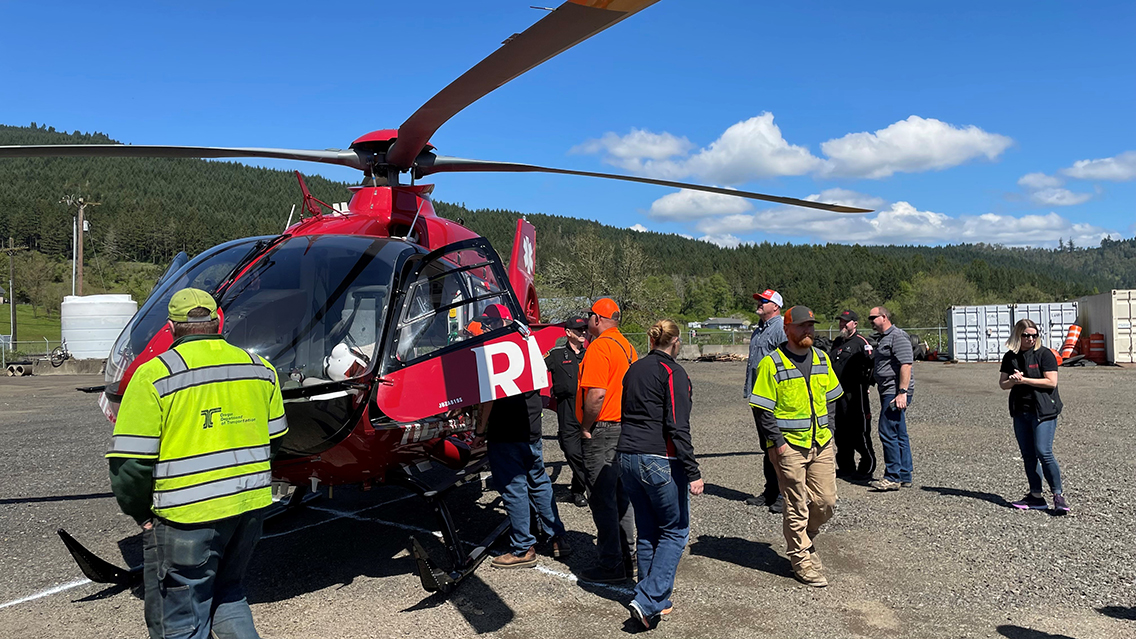 Photo of Oregon Department of Transportation and REACH Air Medical Services to promote helicopter safety