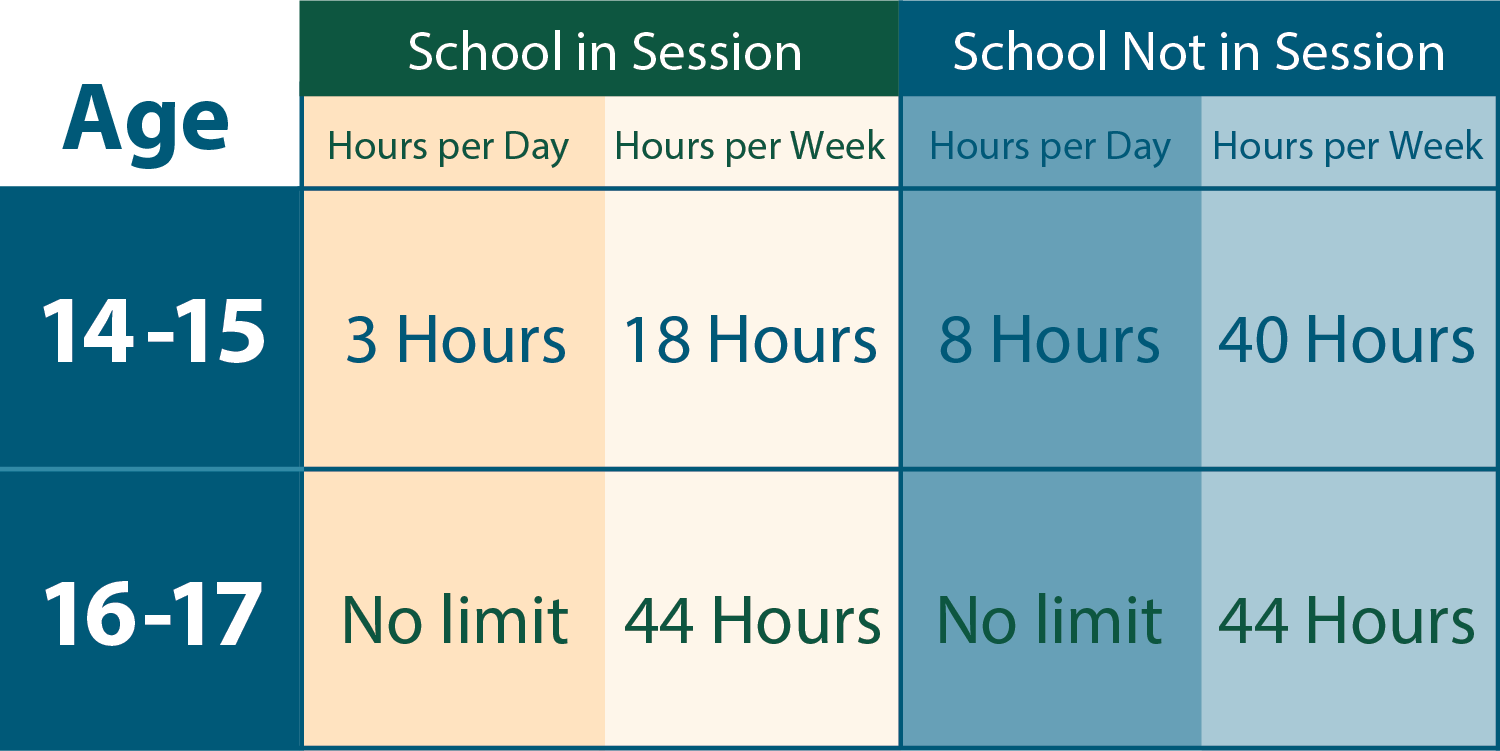 hours teens can work when school is or is not in session. Age 14-15, 3 hours per day, 18 hours per week when school is in session. 8 hours a day, 40 hours a week when school is not in session. Age 16-17, no daily limit and 44 hours per week when school is or is not in session.